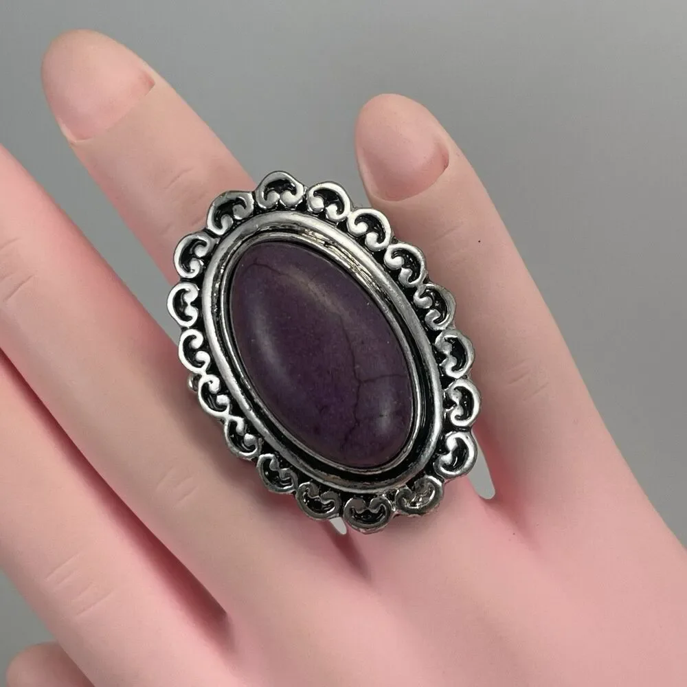 Purple Howlite Gemstone Oval Statement Silver Tone Stretch Ring Art Deco